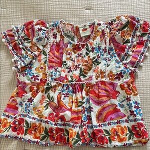 FARM Rio White Floral Puff Sleeve Blouse with Pink, Red, Orange, Green Accents